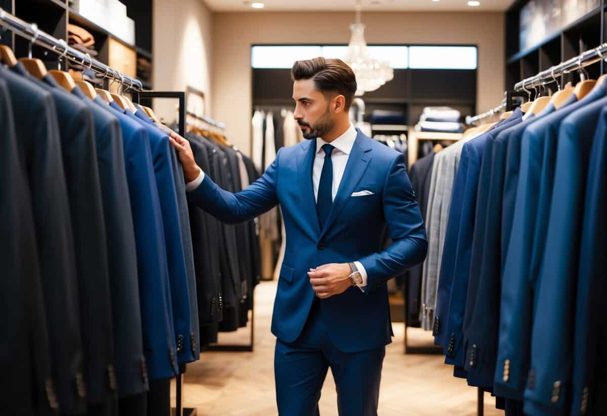 A man browsing through a selection of well-tailored suits in a high-end men's clothing store