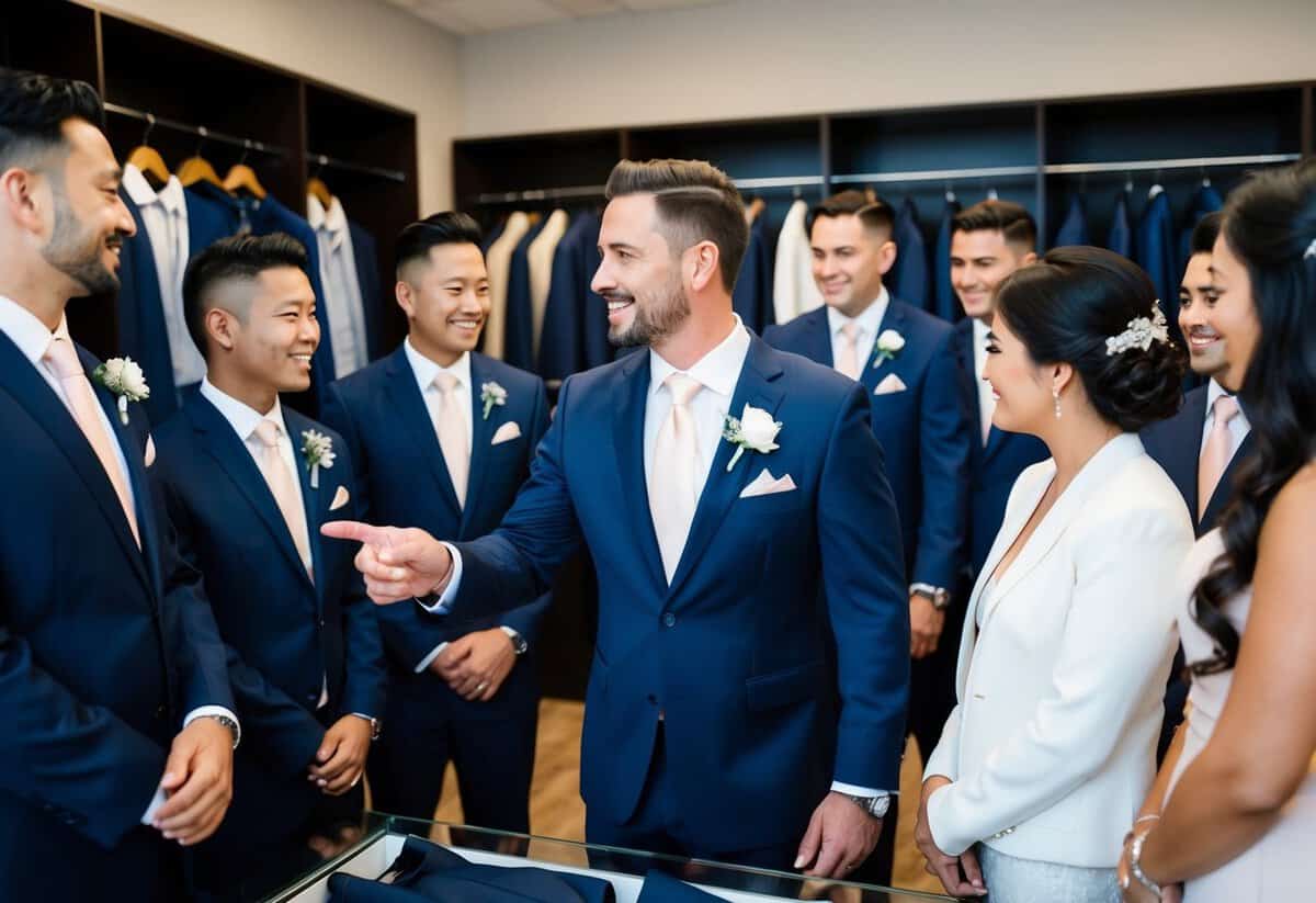 A man in a suit store, surrounded by wedding party members, pointing at a selection of suits
