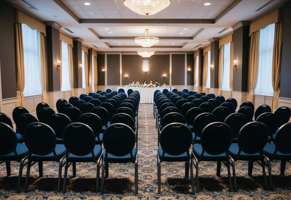 A banquet hall with 100 empty chairs arranged in neat rows, with a large table at the front for the wedding party