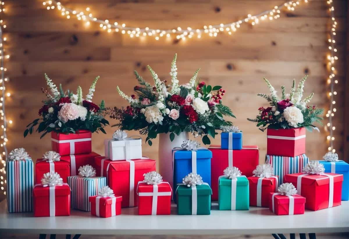 A table filled with wrapped presents of various sizes and shapes, surrounded by floral centerpieces and twinkling string lights