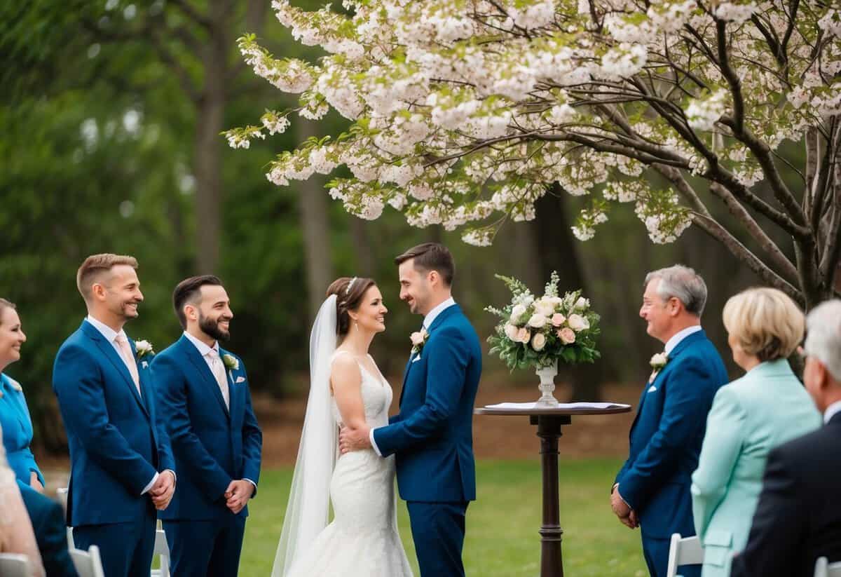 A small wedding: a cozy outdoor ceremony under a blooming tree with only a few close family and friends present