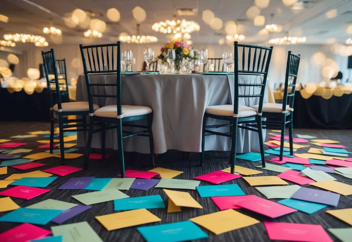 A table with 100 empty chairs, surrounded by colorful invitations scattered on the floor