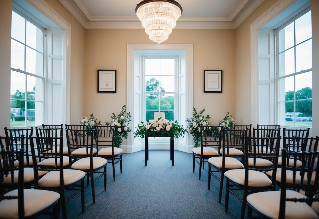 A registry office with chairs arranged for a small wedding ceremony