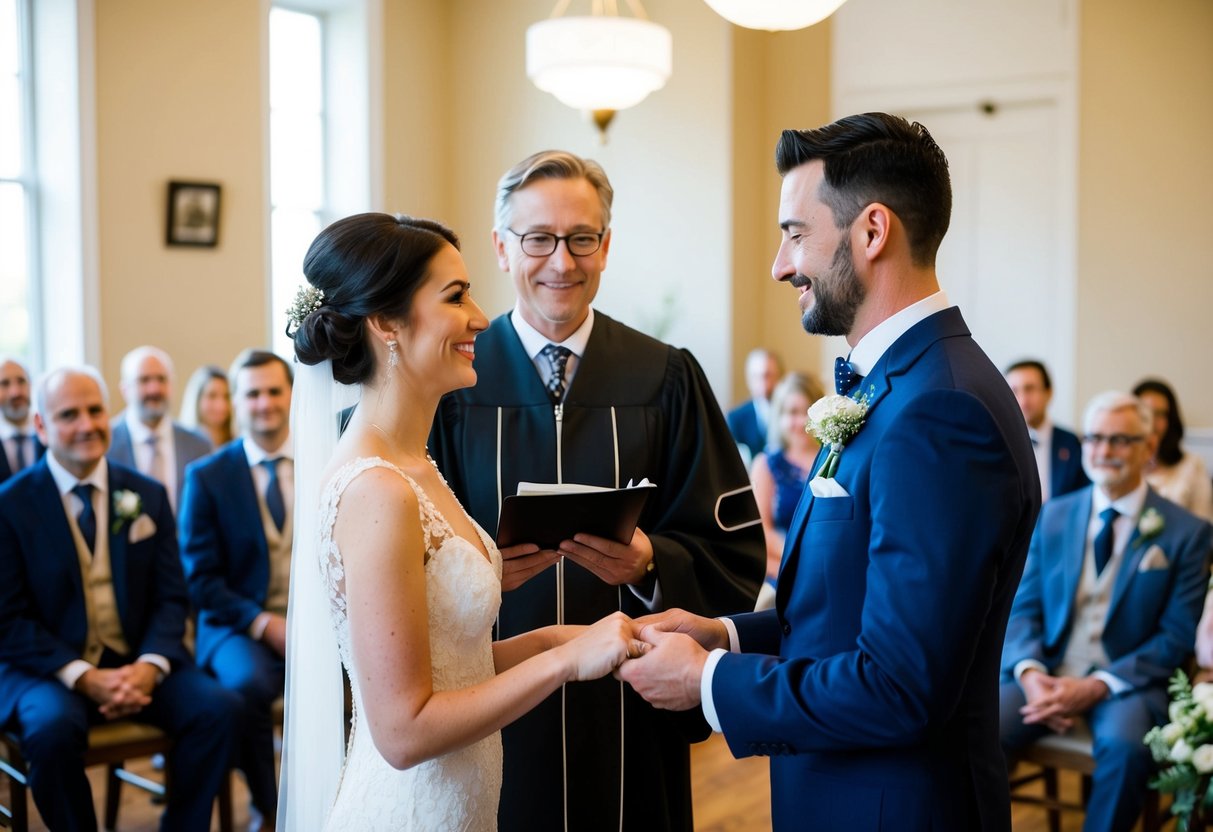 A couple exchanging vows in front of an officiant at a registry office with a small group of guests seated in the background