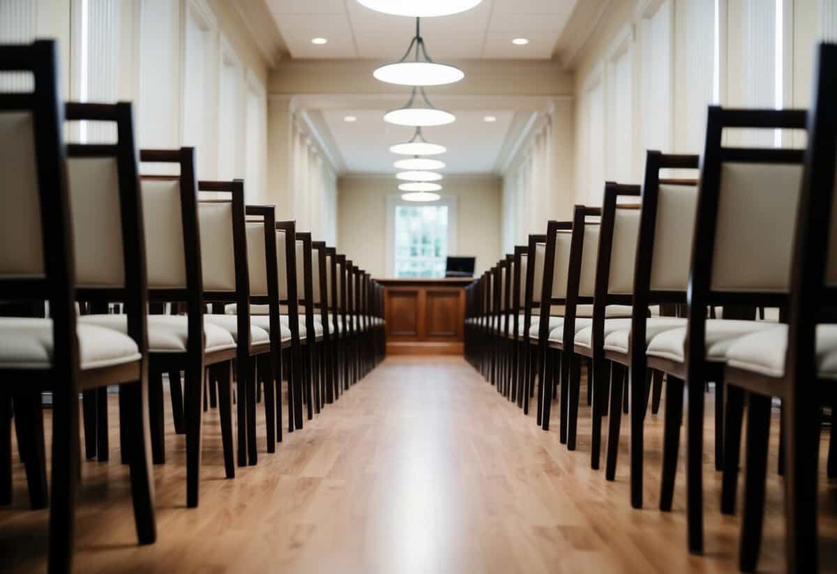 A narrow aisle at a registry office, flanked by rows of empty chairs, leading towards a simple wooden desk at the end