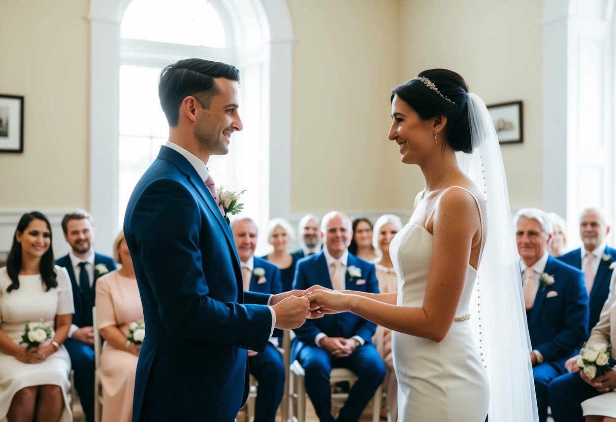 A couple exchanging vows at a registry office with a small group of guests seated in a simple, elegant room