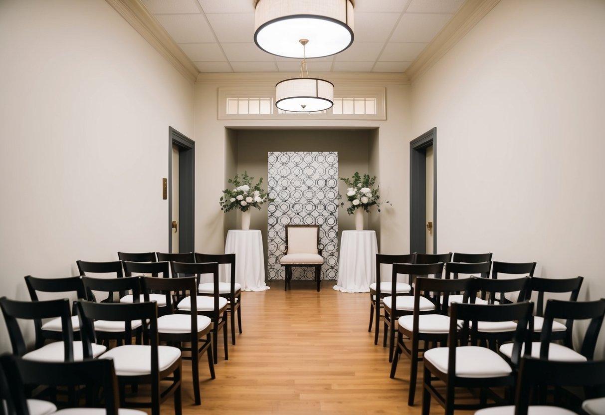 A registry office with a small, intimate ceremony space. A simple, elegant setting with a few rows of chairs and a decorative backdrop