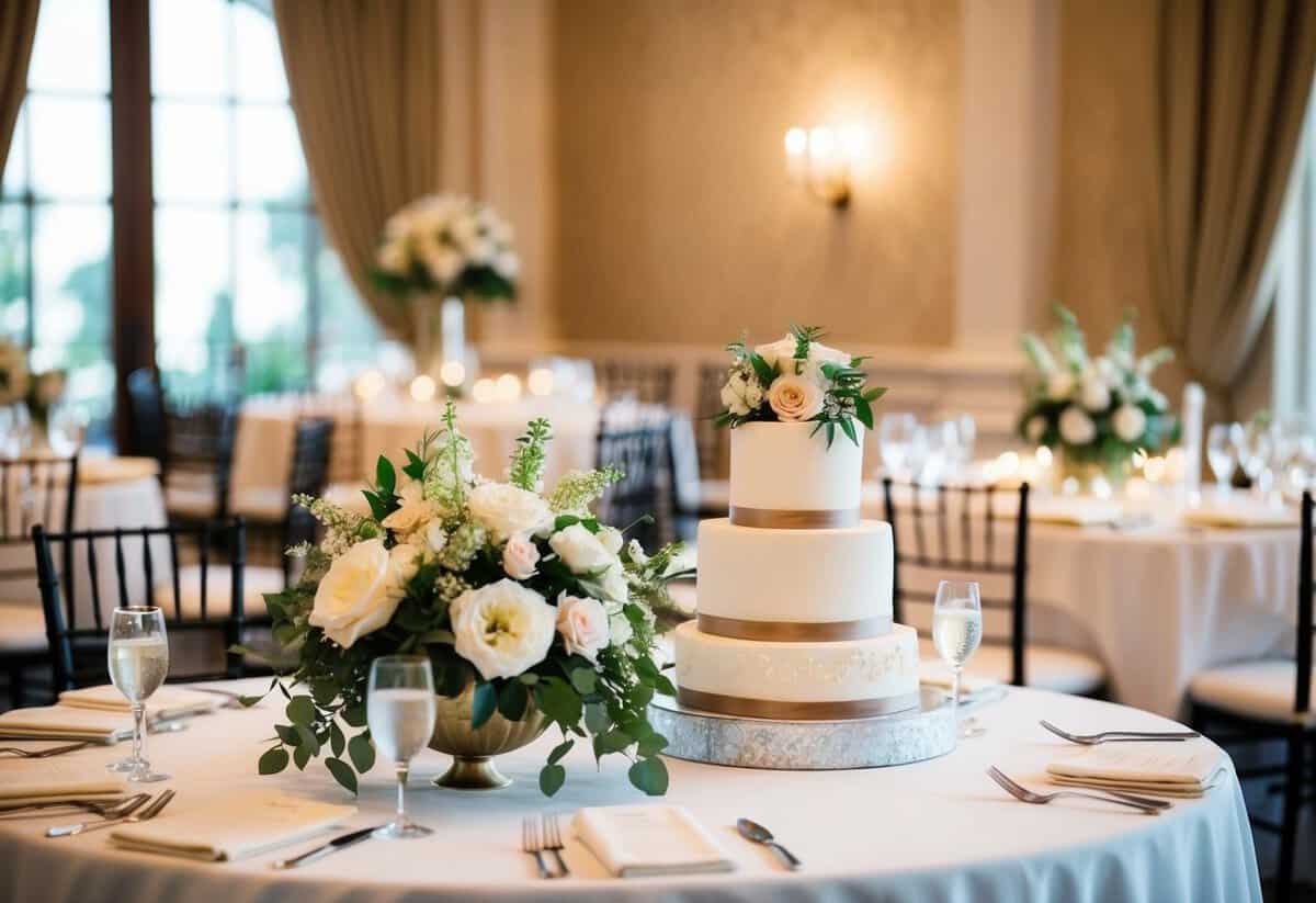 A wedding reception with elegant decor, floral centerpieces, and a beautiful cake