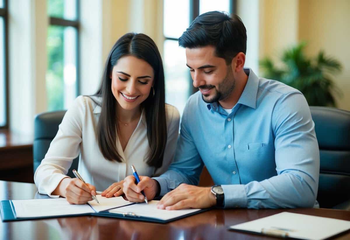 A couple signing paperwork at a government office