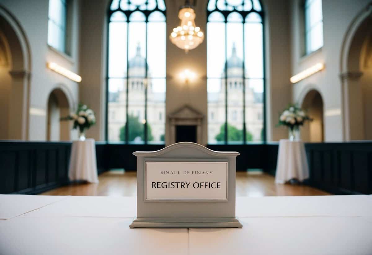 A simple, elegant registry office with a small, intimate ceremony space and a backdrop of city hall or courthouse architecture