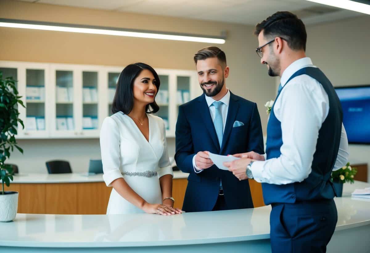 A couple standing at a registry office counter, discussing wedding costs with a clerk