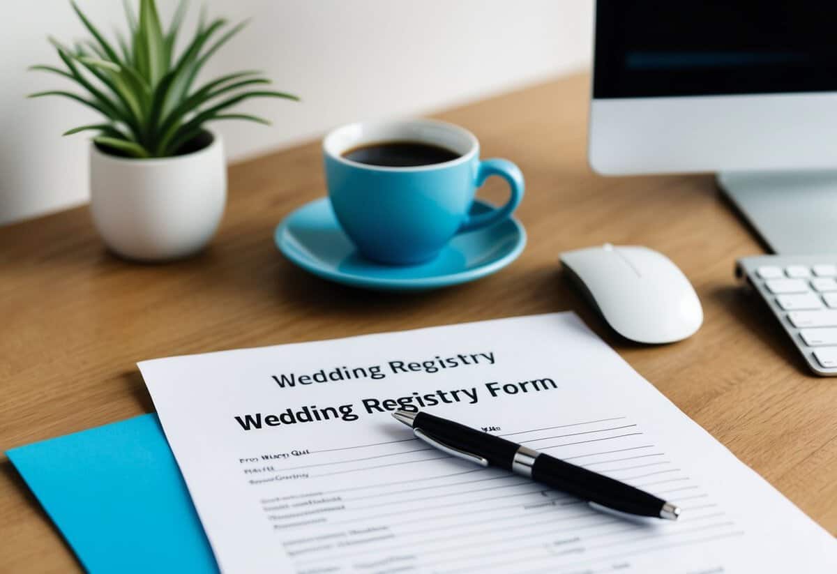A simple office desk with a pen, paper, and a wedding registry form
