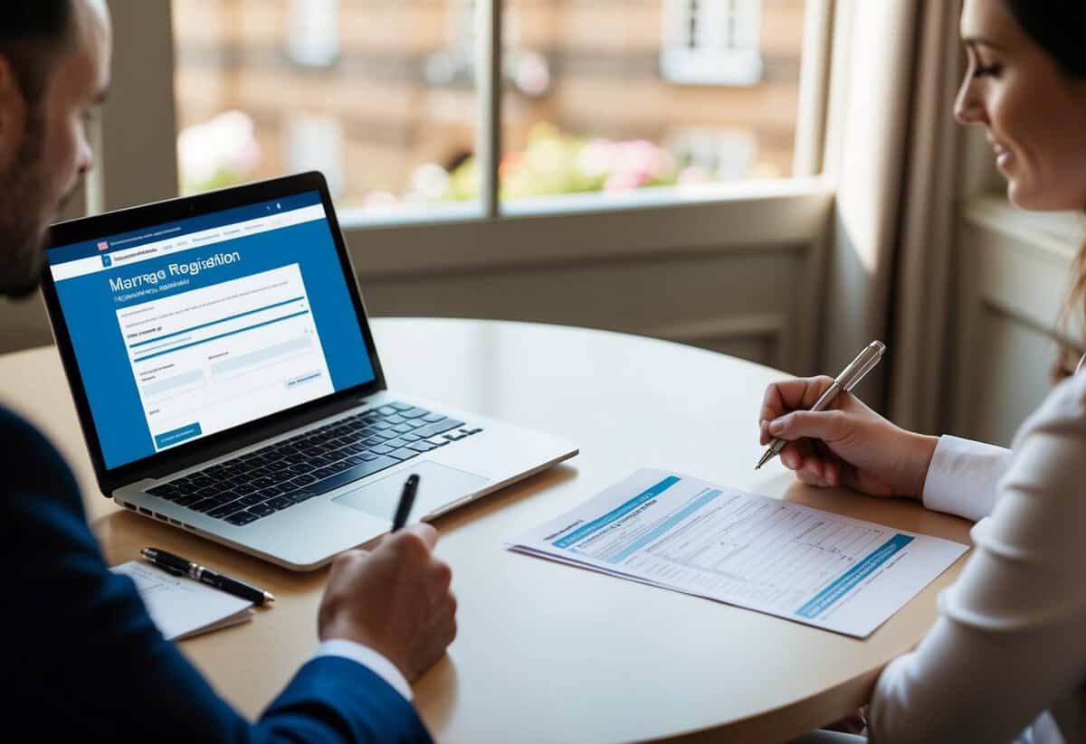 A couple sits at a table with a pen and marriage registration form. A laptop displays the UK government website for marriage registration