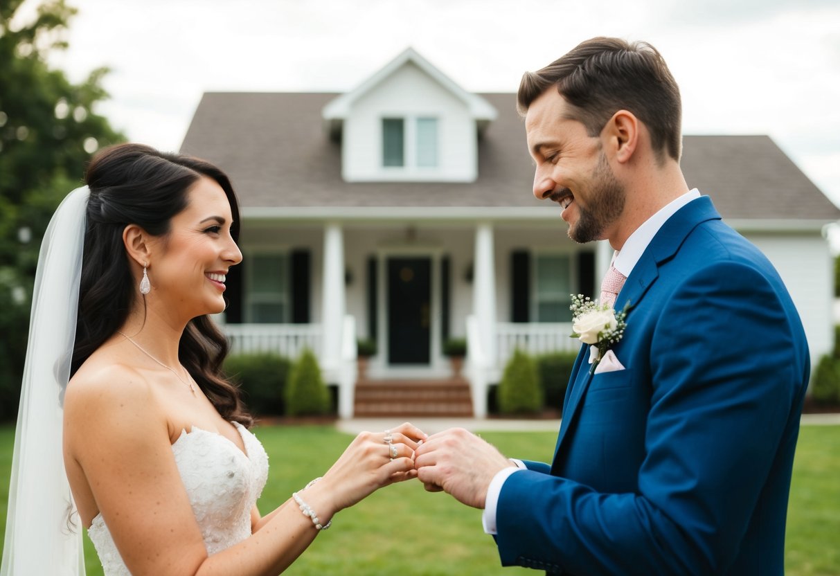 A couple exchanging wedding rings in front of a modest home