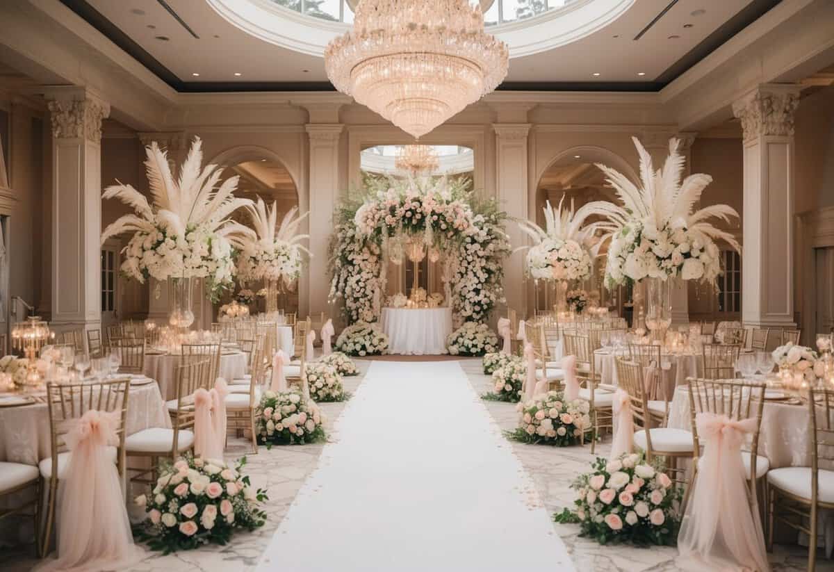 A lavish wedding venue with opulent decorations and extravagant floral arrangements