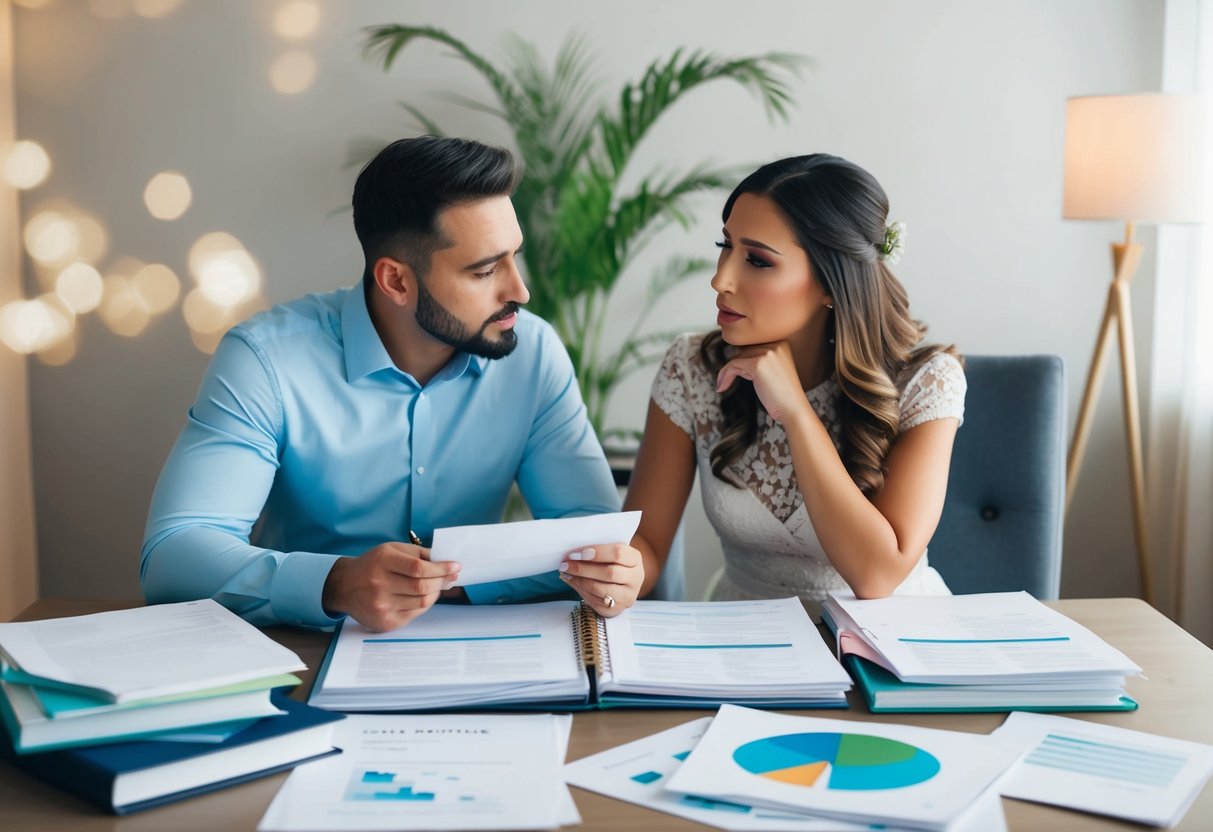 A couple sitting at a table, surrounded by wedding planning books and financial documents. They are discussing various financing options and looking stressed