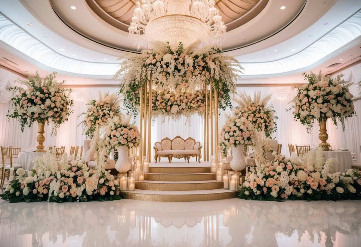 A lavish wedding venue with extravagant decorations and opulent floral arrangements