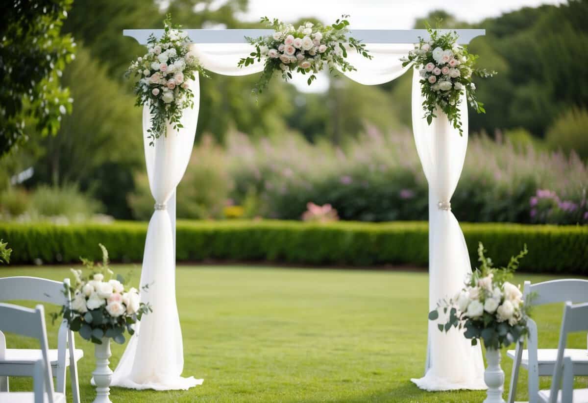 A white wedding arch adorned with flowers and draped with sheer fabric stands in a lush garden, ready for a ceremony