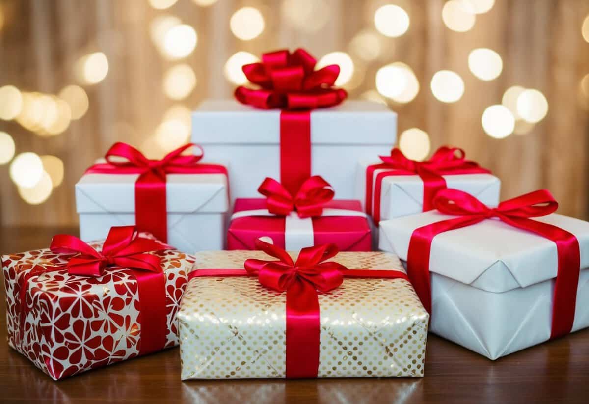 A wedding gift table with various wrapped presents and envelopes