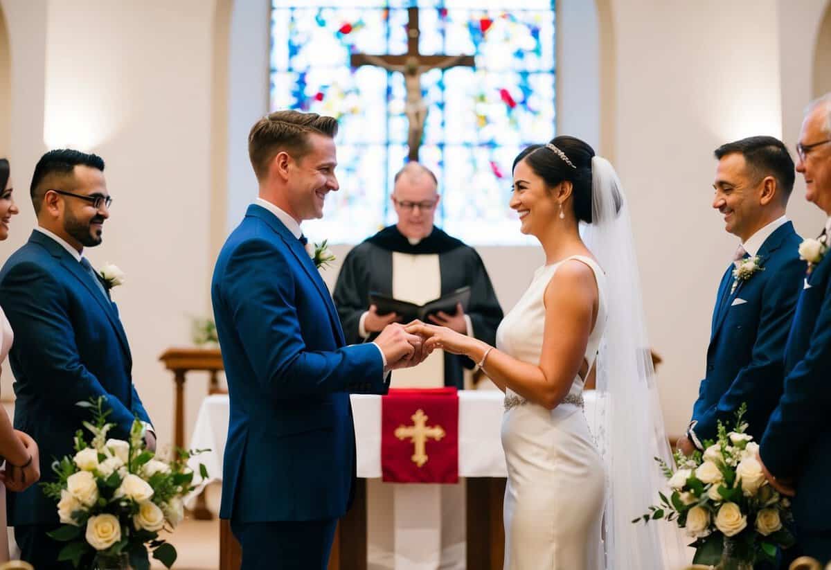A couple stands at the altar, exchanging rings and vows in front of a celebrant and witnesses
