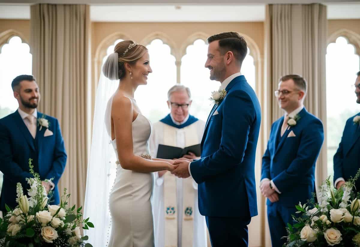 A bride and groom stand facing each other in a traditional UK wedding setting, exchanging vows with a celebrant officiating