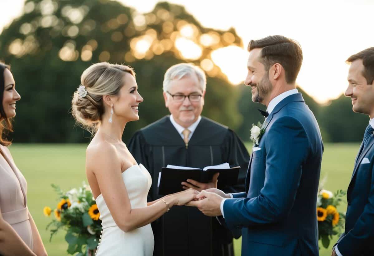 A couple standing before an officiant, exchanging vows with a witness present