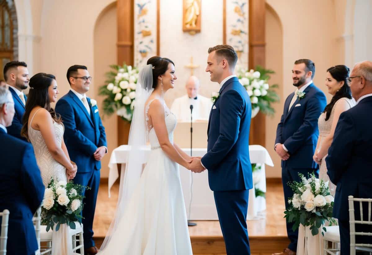 A couple standing at the altar, facing each other, exchanging wedding vows in a beautifully decorated ceremony venue