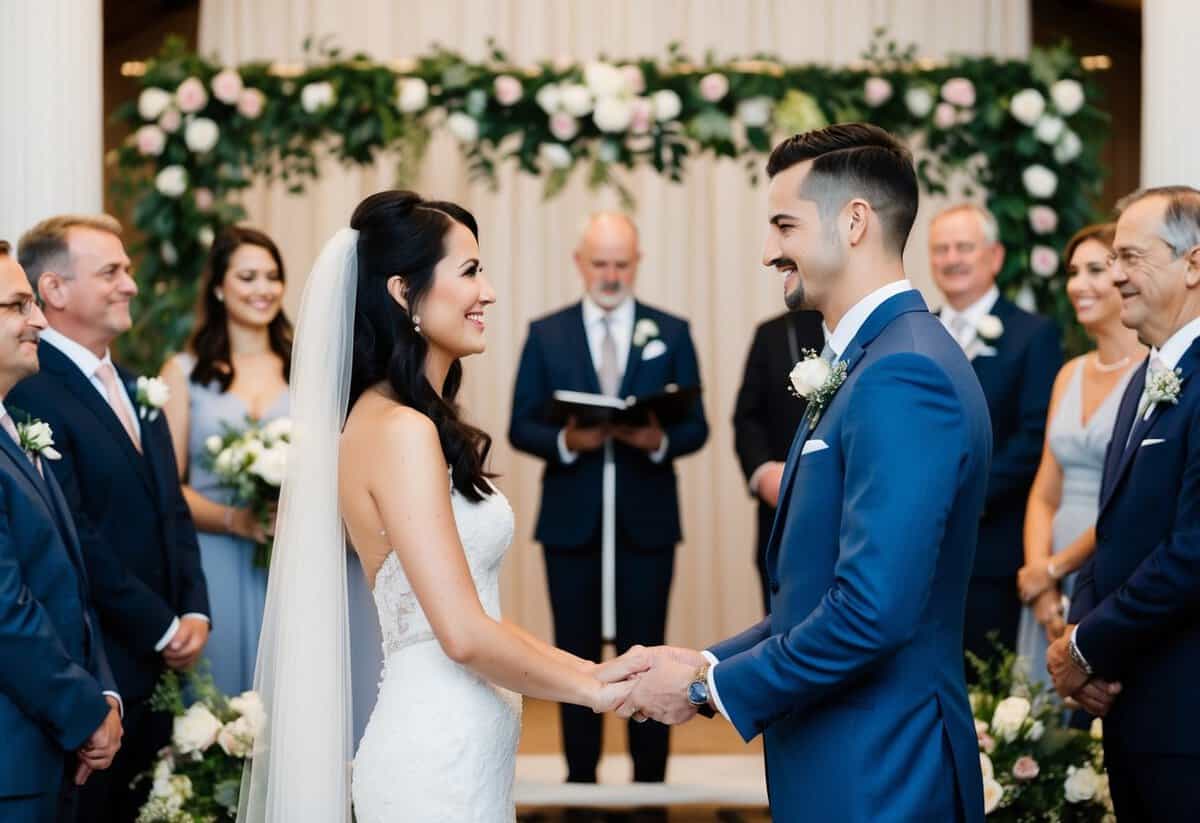 A bride and groom stand at the altar, exchanging vows in front of a floral backdrop and surrounded by family and friends