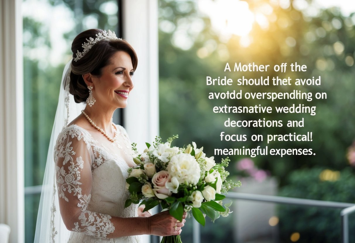 A mother of the bride should avoid overspending on extravagant wedding decorations and unnecessary luxuries. Focus on practical and meaningful expenses
