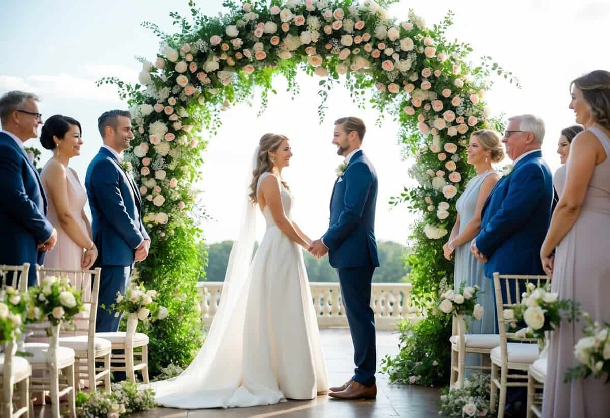 A bride and groom stand facing each other under a blooming floral archway, surrounded by friends and family, exchanging vows