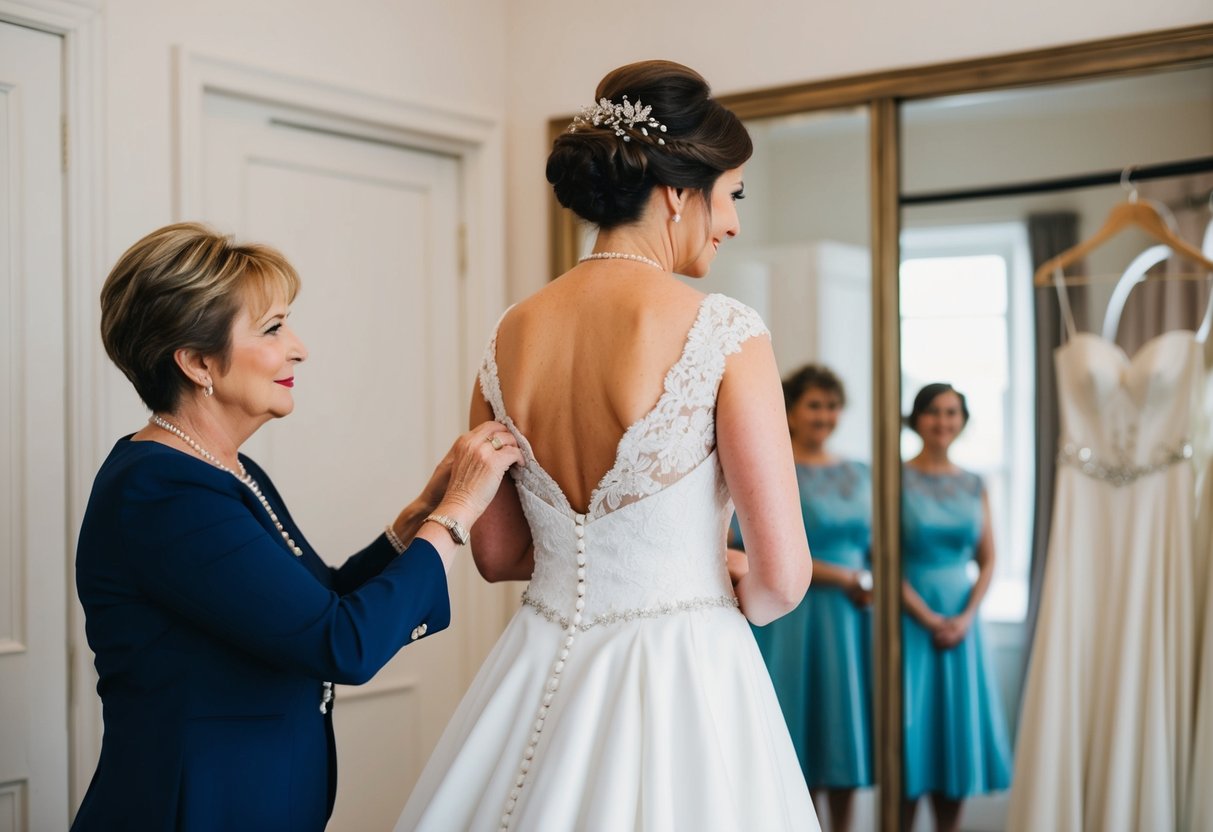 A mother of the bride should not intrude on the wedding dress fitting, but instead offer support from a respectful distance