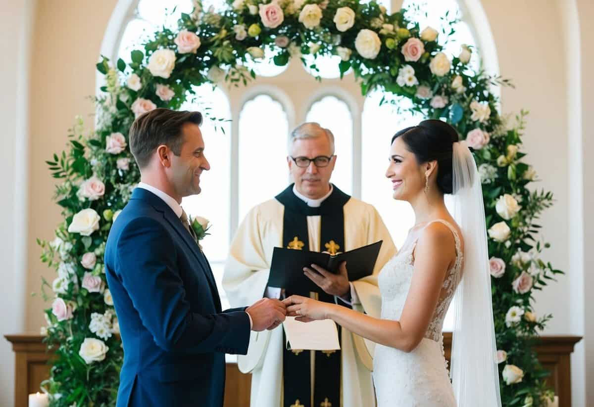 A bride and groom standing under a floral arch, exchanging vows with a priest officiating