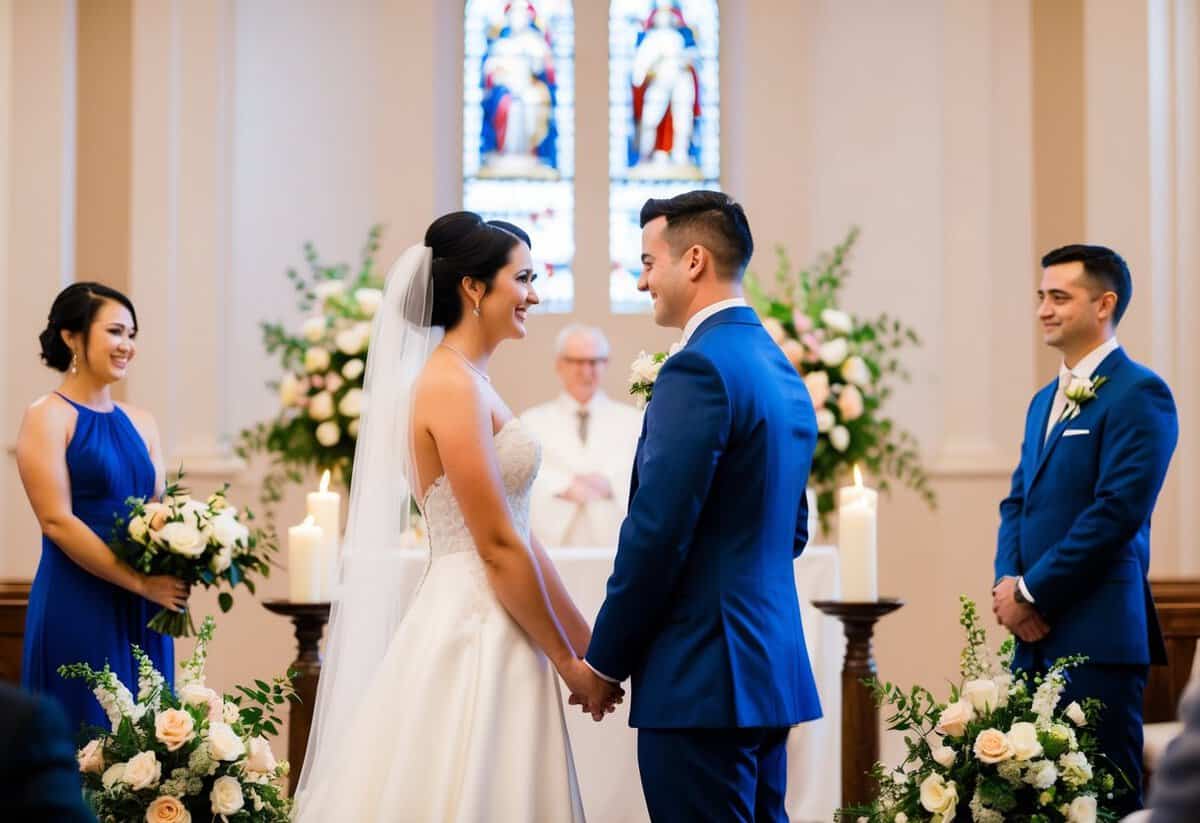 A bride and groom stand facing each other at the altar, surrounded by flowers and candles, ready to exchange vows