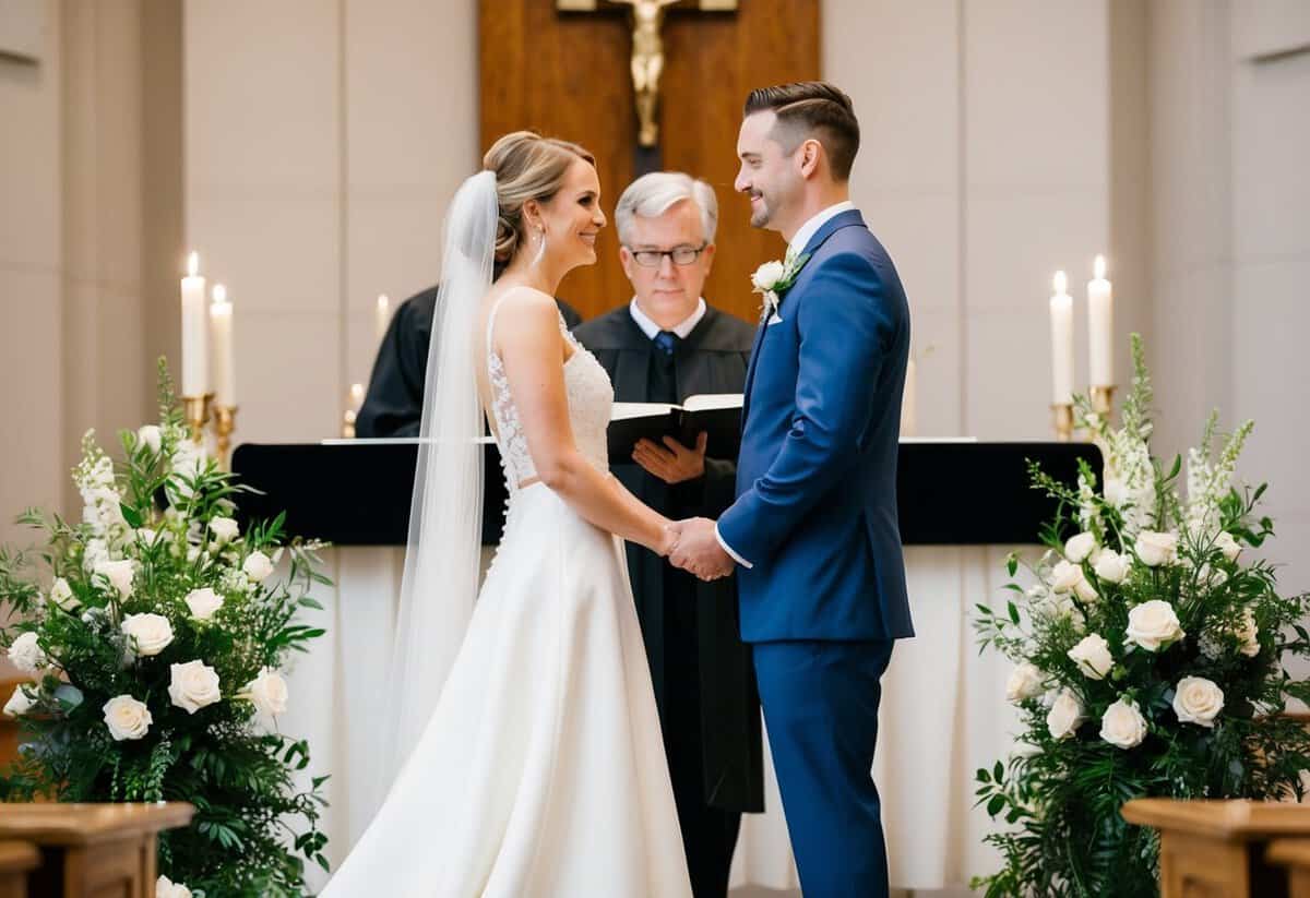 A bride and groom standing at the altar, facing each other, with the officiant in the middle, ready to exchange vows