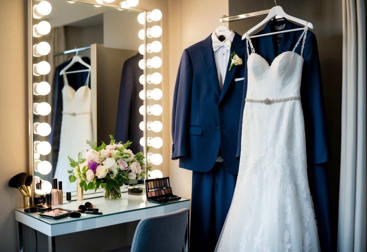 A bridal gown and a suit hang side by side, while a bouquet of flowers sits on a table. Makeup and hair accessories are scattered across the vanity
