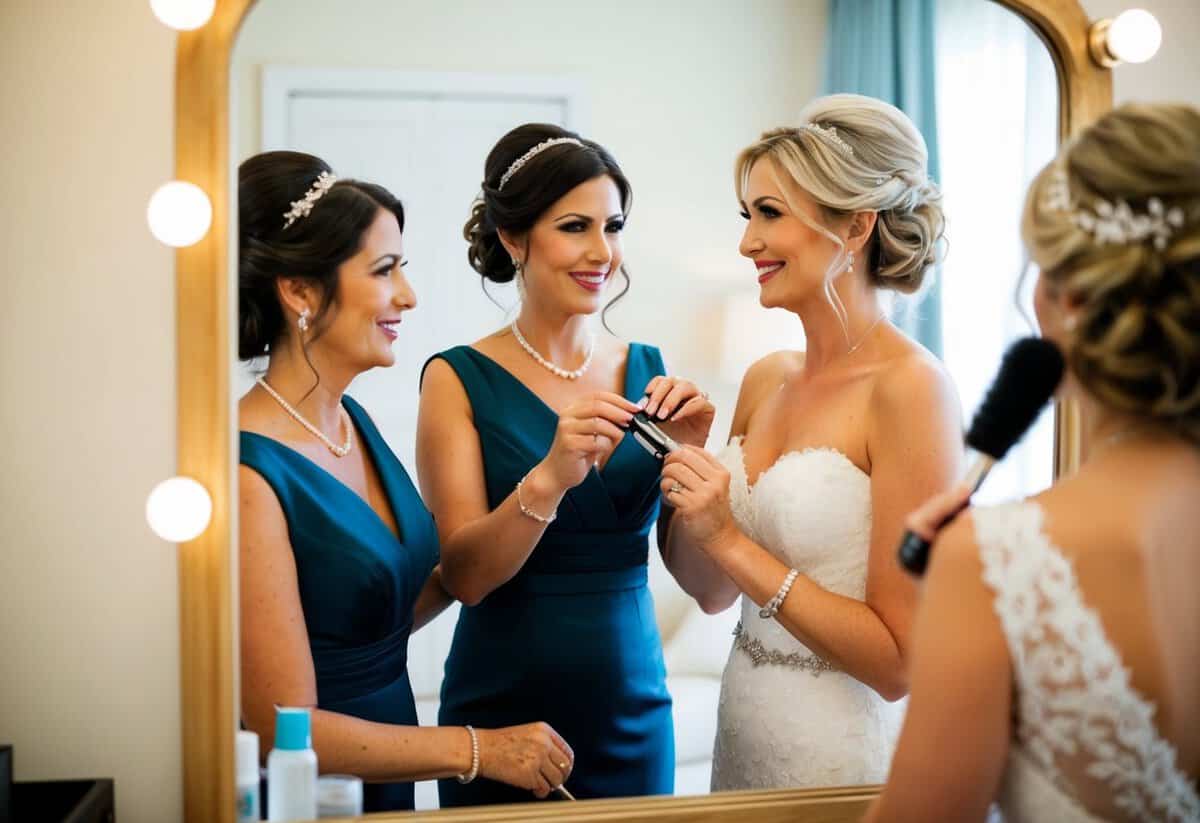 The mother of the groom and the bride stand together in front of a mirror, helping each other with their hair and makeup for the wedding day