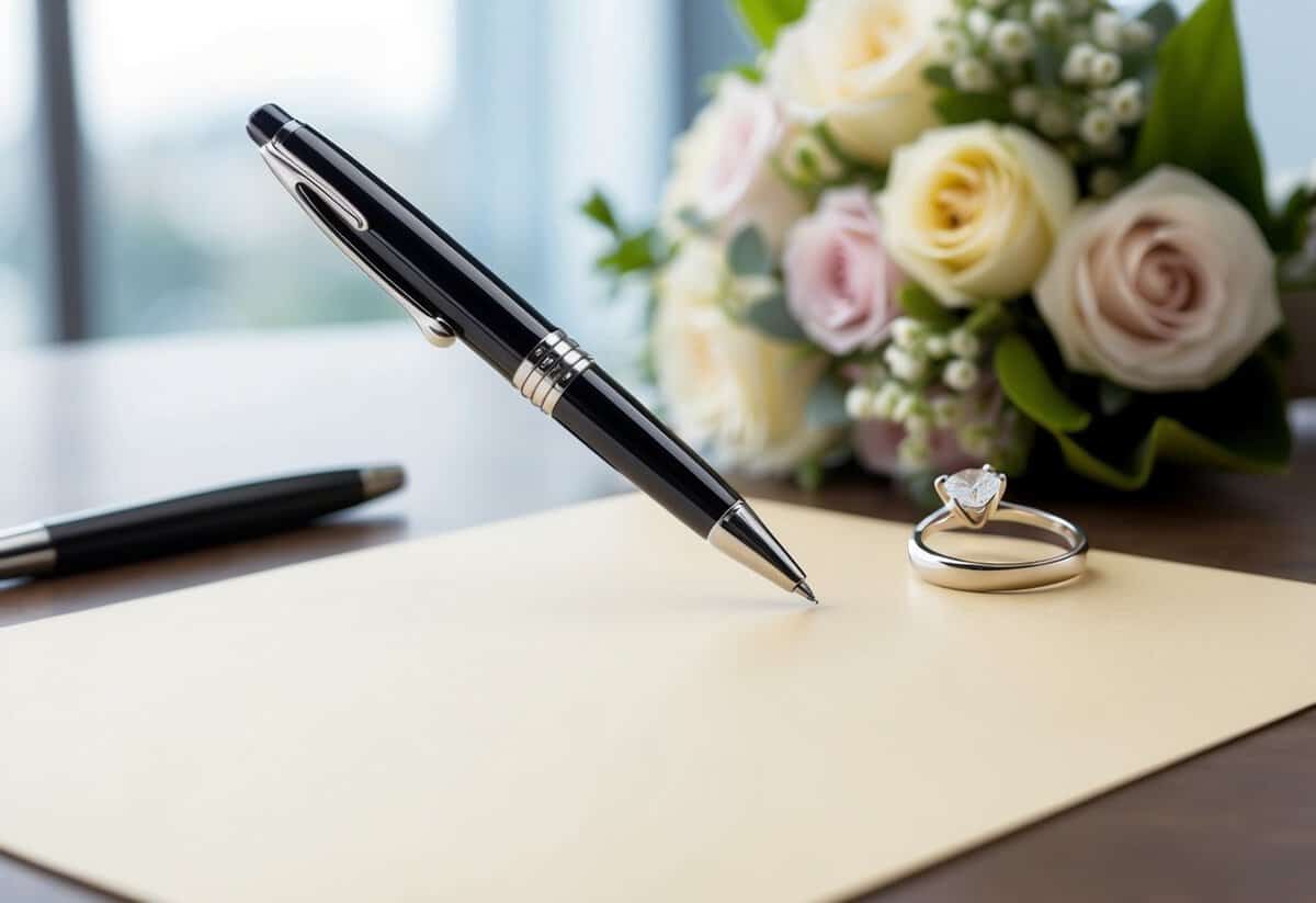 A pen hovering over a blank sheet of paper, with a wedding ring and a bouquet of flowers in the background