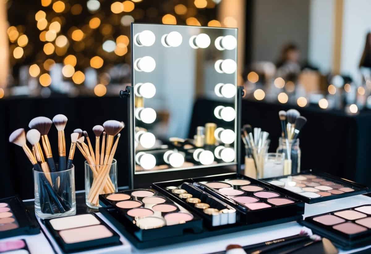 A makeup artist's workstation with brushes, palettes, and a mirror set up for an event