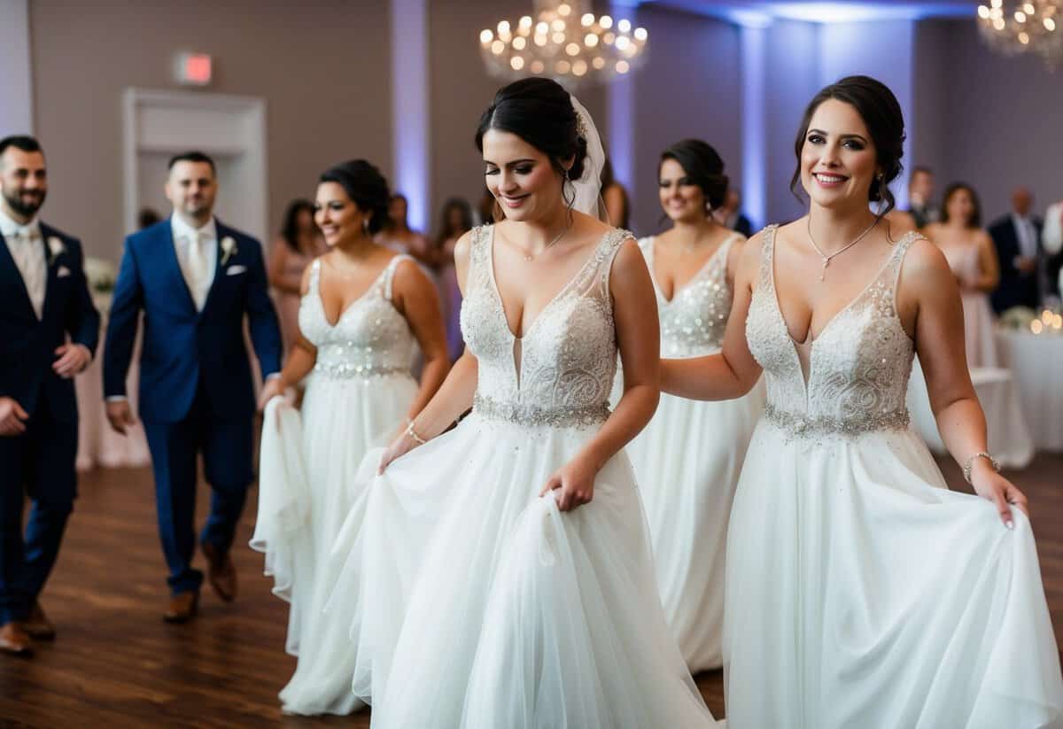 Brides slip into a flowing white dress for the reception, adorned with delicate lace and sparkling embellishments