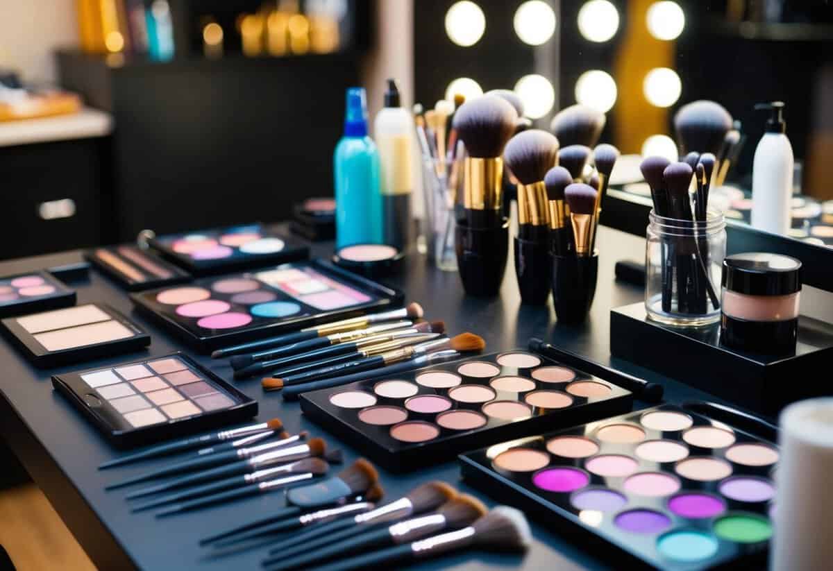 A makeup artist's table with neatly arranged brushes, palettes, and hair styling tools