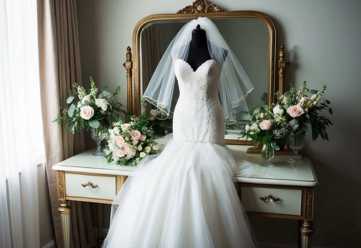 A bride's wedding dress, veil, and bouquet arranged on a vintage vanity with a mirror, surrounded by soft lighting and flowers
