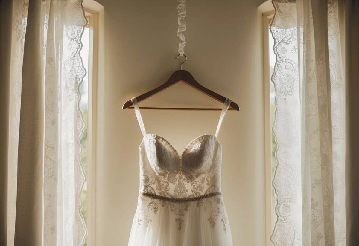A wedding dress hanging on a vintage wooden hanger, bathed in soft natural light filtering through lace curtains