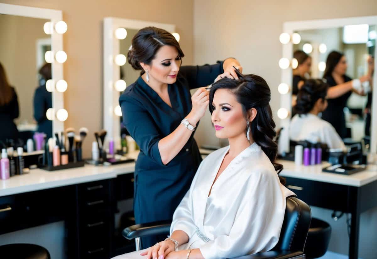 A bride sits in a salon chair, surrounded by hairstyling tools and makeup products. A stylist carefully arranges her hair while a makeup artist applies the finishing touches