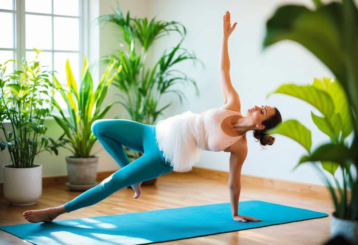 A serene, sunlit yoga studio with a bride-to-be gracefully flowing through a series of poses, surrounded by vibrant green plants and soft, calming colors