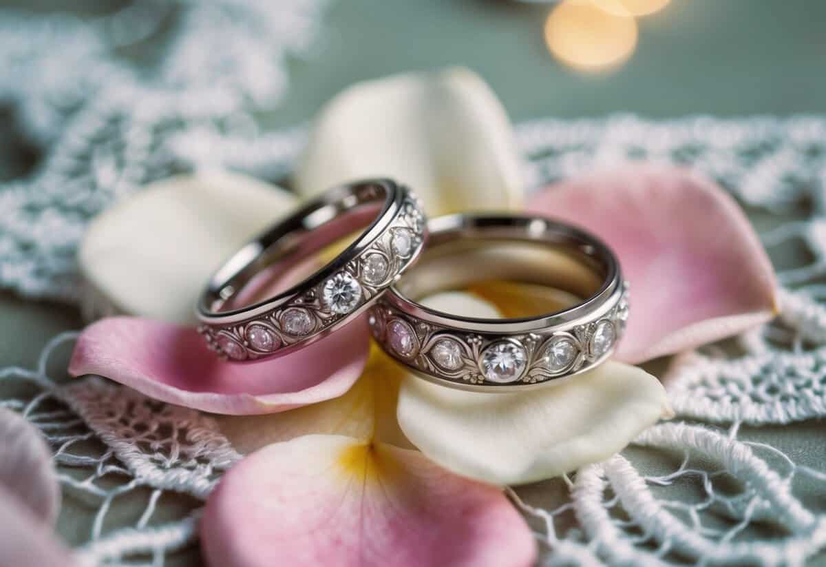 A pair of elegant, ornate wedding rings resting on a bed of rose petals and delicate lace