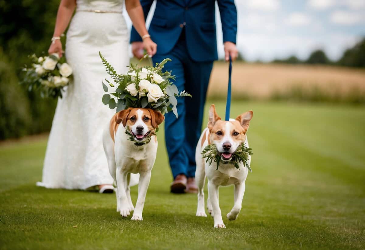 A dog carrying a bouquet in its mouth walks alongside the groom's mother