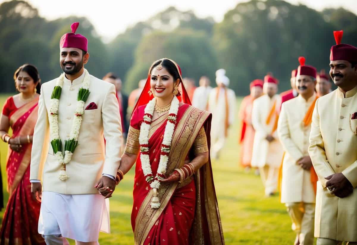 A woman in traditional attire leads the groom's mother in a wedding processional