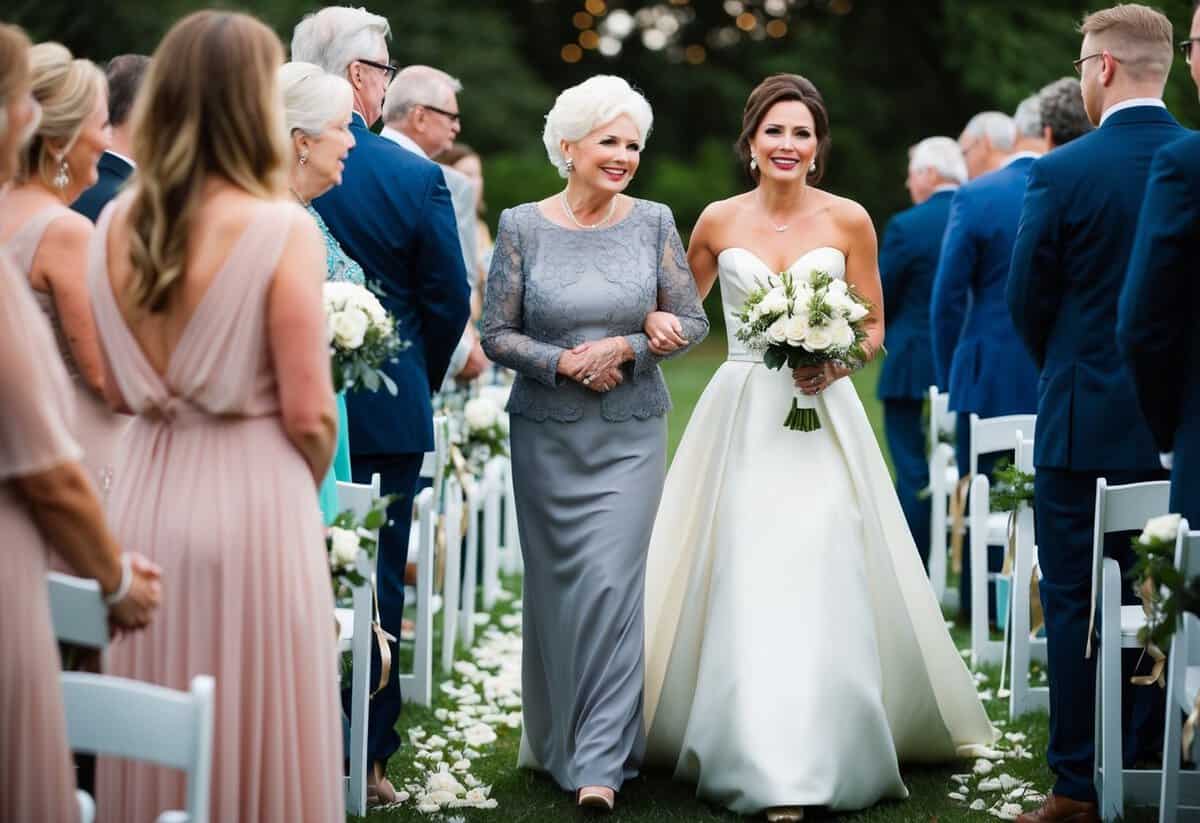 A woman in an elegant dress leading the groom's mother down the aisle