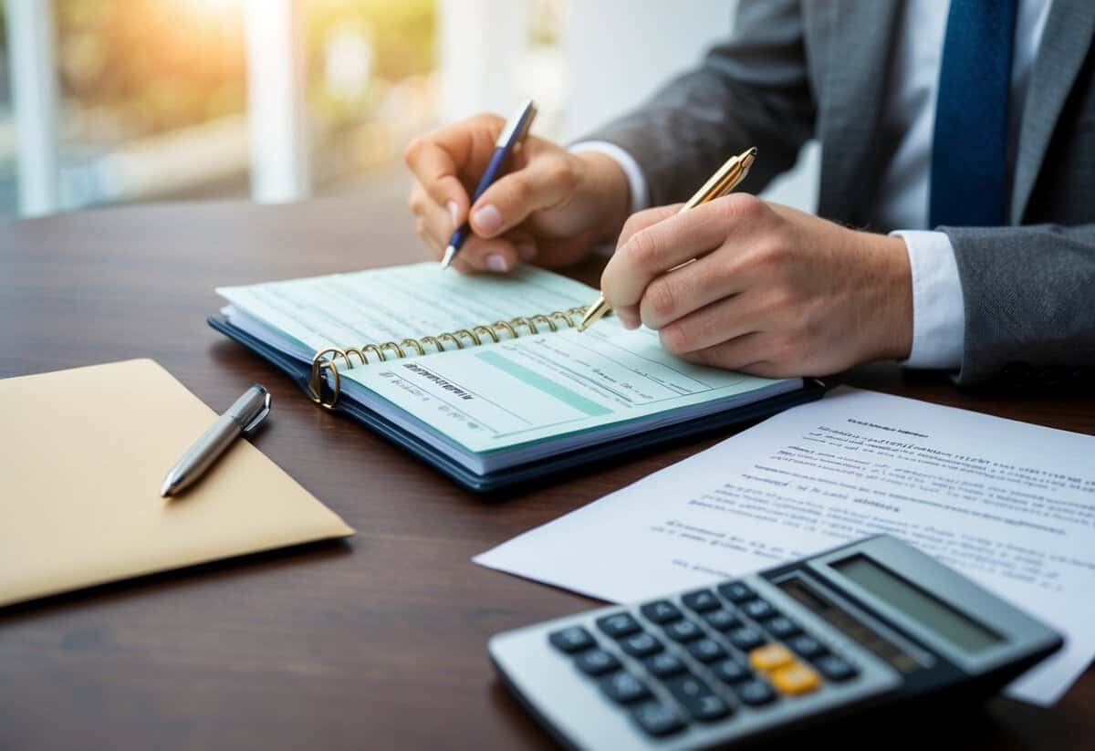 A pair of hands holding a checkbook and pen, with a wedding invitation and a calculator on the table