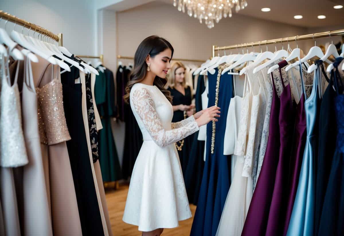 A woman browsing through elegant dresses in a boutique, surrounded by racks of formal attire and accessories
